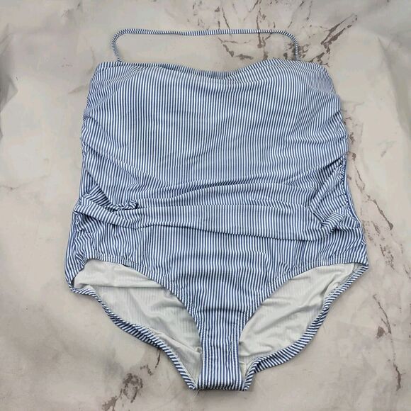 J Crew Swim 24 3X Blue One Piece Bandeau Textured Bikini Striped Seersucker - Picture 1 of 10